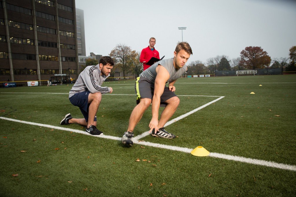 Sports enthusiasts Jeremy Tiedt (from left), Justin Bohler and Brandon Tschacher, all alumni, teamed up to create an assessment tool for amateur athletes. (Photo by Troye Fox)