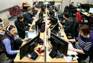 Students work in the Game Design and Development computer lab during winter term classes Wednesday, January 14, 2015. (UW-Stout photo by Brett T. Roseman)