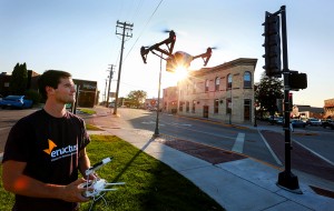 UW-Whitewater senior Mitchell Fiene controls a camera drone for some aerial pictures of downtown Whitewater on Tuesday, September 15, 2015. ©UW-Whitewater/Craig Schreiner