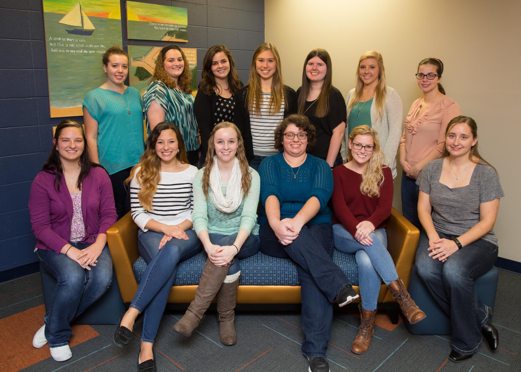 The SWE conference planning team. Pictured left to right (back row) are Tessa Janssen, Paige Black, Katie Carlson, Hannah Ihlenfeldt, Mandy Thompson, Lynsey Hanley and Kelsey Schillinger. Pictured left to right (front row) are Alyssa Whiteaker, Astrid Lavell, Amy True, Hailey Myers, Louise Lloyd and Steph Droessler (from the Professional SWE Dubuque). Not pictured: Ali Roth, Jane Beyer and Heather Hubbard. 