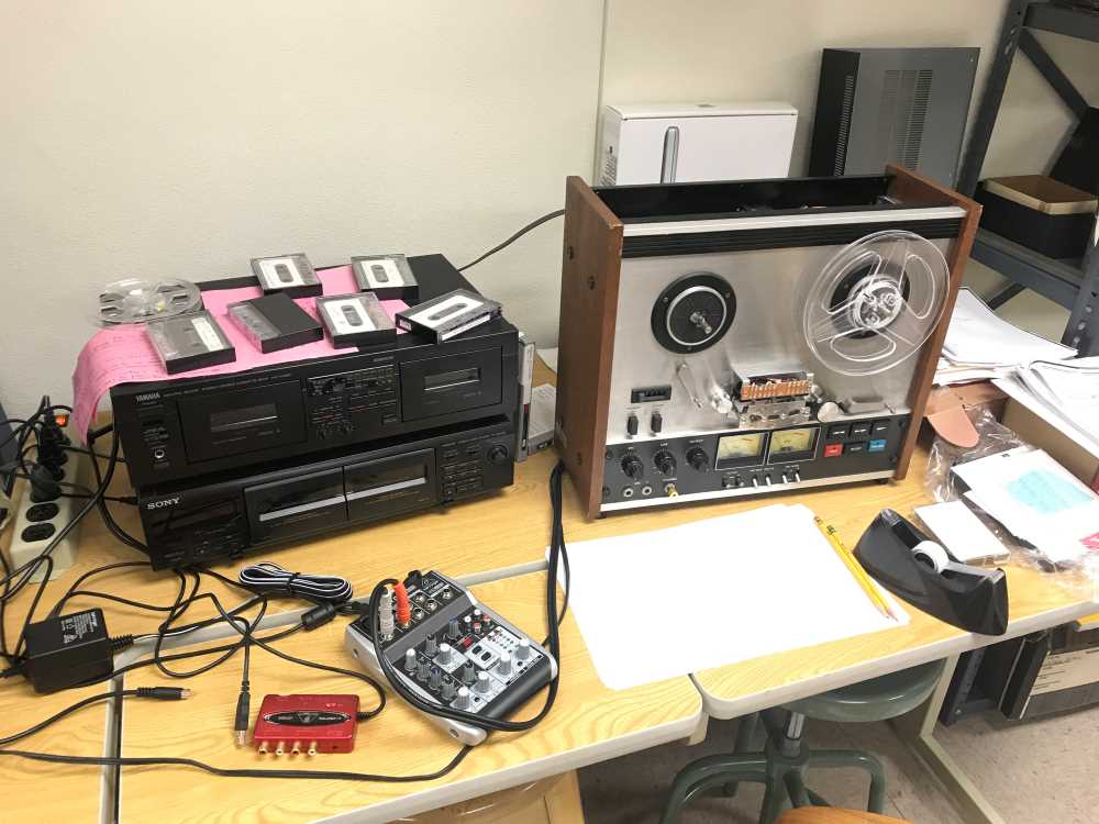 Photo of various oral history equipment used to document and record various stories such as Listening to War.