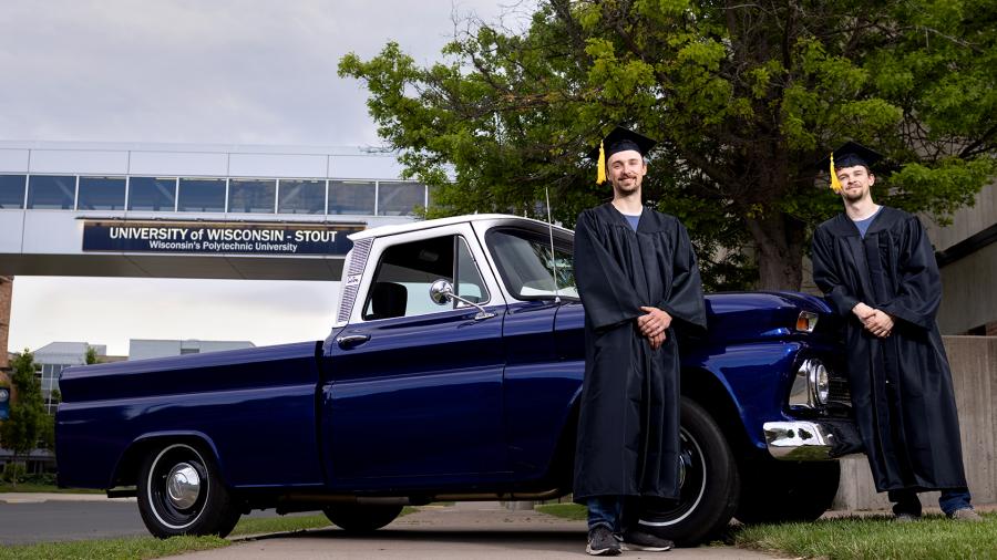 Photo of the Grulkowskis with their remodeled Chevy C10. / UW-Stout