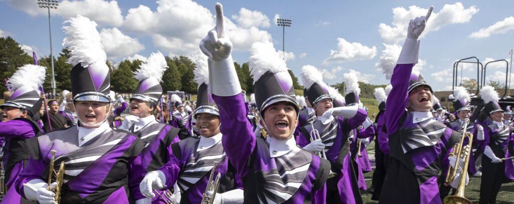 Photo of the UW-Whitewater Marching band debuting new, redesigned uniforms at the home opener football game at Perkins Stadium where the Warhawks defeated Mary Hardin-Baylor on Saturday, Sept.10, 2022. (UW-Whitewater photo/Craig Schreiner)