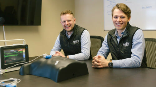 Photo of Phil Terrien and Matt Knoespel, who first worked on the prototype that became the AtriAmp in spring 2016. Now they’re working for Atrility Medical in University Research Park on Madison’s west side. PHOTO BY TOM ZIEMER