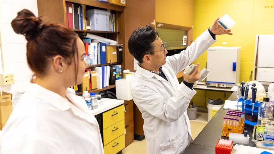 Photo of Caitlyn Lisota and her research adviser, Associate Professor Taejo Kim, conducting tests in the food science lab. / UW-Stout