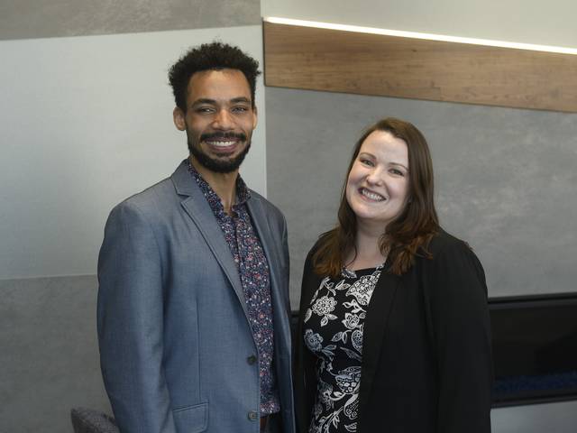 Photo of Dr. Tayo Sanders (left) who credits Dr. Jennifer Dahl, professor of chemistry and biochemistry, with introducing him to the world of undergraduate research while also encouraging him to pursue and embrace opportunities on campus and around the world.