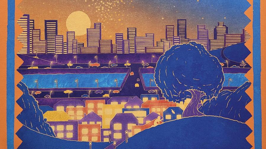 Photo of Yang's characters Ben and a leaf frond spirit meeting in 'To Broken Souls,' a story illustrated in Yang's thesis, 'A Thread through History.' / Jackson Yang