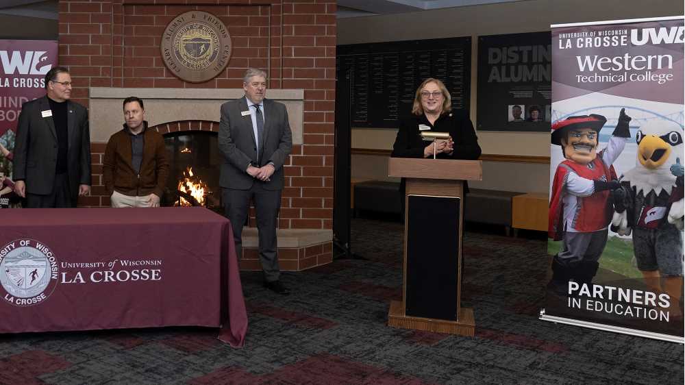 Photo of Interim Chancellor Betsy Morgan discussing how new transfer agreements between UW-La Crosse and Western Technical College will benefit students.