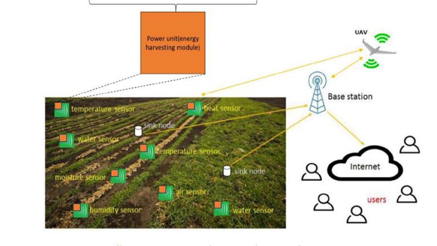 Image of a diagram showing how the wireless sensor network would be set up in a field. / UW-Stout