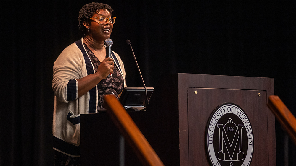 Photo of Ashley C. Ford, speaking to more than 600 UW-Platteville students as part of the Helios speaker series in 2023. Ford is author of the New York Times bestselling memoir "Somebody’s Daughter."
