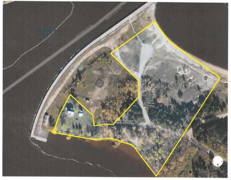 Photo of a 10.9-acre parcel regained by Fond du Lac Band of Lake Superior Chippewa located at the end of Wisconsin Point outlined in yellow. Buildings in the southwest corner of the parcel were removed in 2024. Image: Fond du Lac Band of Lake Superior Chippewa