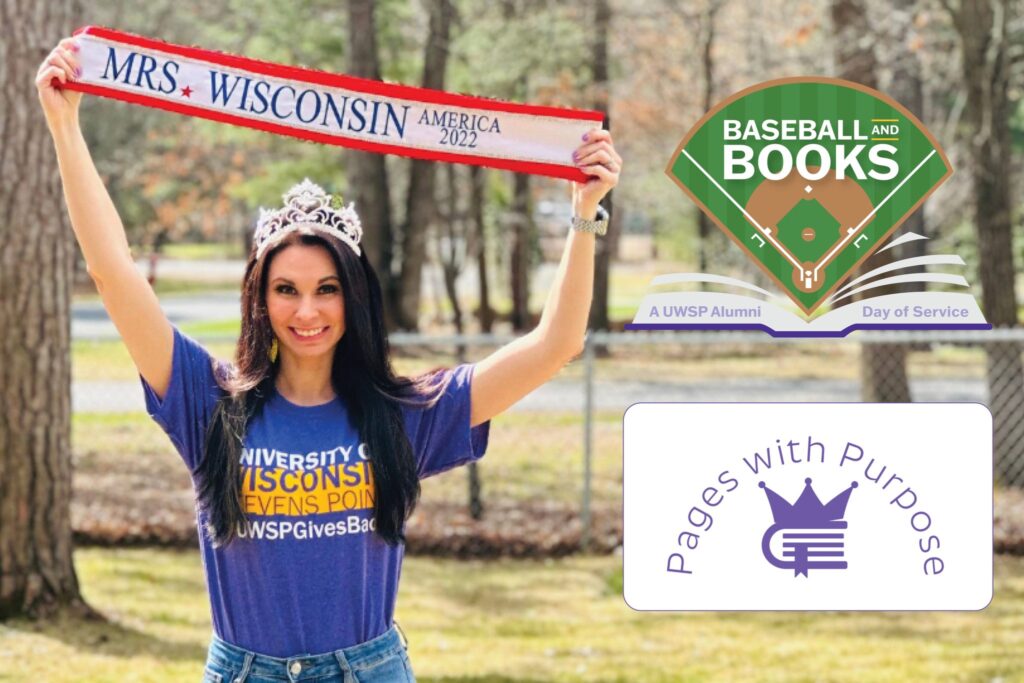 Photo of Mrs. Wisconsin America 2022 Sasha Everett, an alum of UW-Stevens Point, who is partnering with her alma mater for a book drive at a Wausau Woodchucks baseball game.