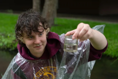 Photo of UW-River Falls environmental science major Cass Hoffmann collected insects from the campus creek as part of a study to test the health and quality of the stream.