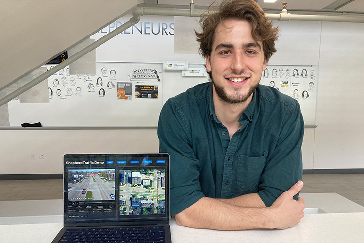 Photo of UWM PhD student Joel Roberts, founder of Shepherd Traffic, a company that uses computer vision, geometry and smart algorithms to capture more detailed and accurate traffic data than what’s currently available. (UWM Photo/Laura Otto)