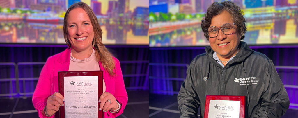 Photo of Courtney Lukasavitz, a physical education teacher at Indian Community School in Franklin, Wisconsin, who was named Middle School Physical Education Teacher of the Year, and Sandee Ortiz, a health education teacher at Sun Prairie West High School in Sun Prairie, Wisconsin, who earned Health Education Teacher of the Year honors.