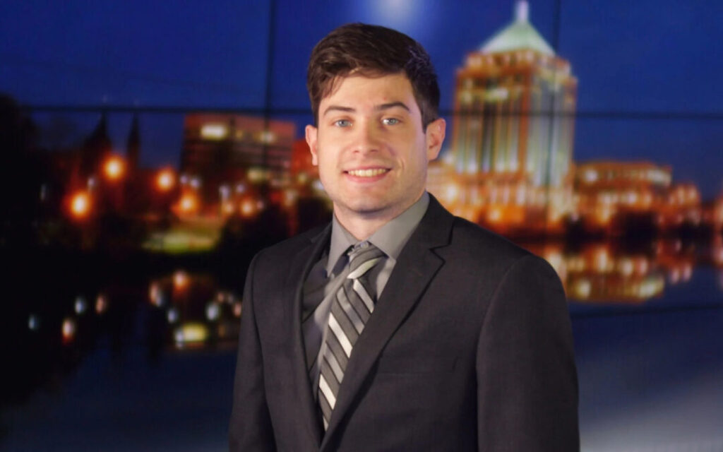 Photo of Dylan Eckhart, who graduated in May from UW–Oshkosh and is working on-air for WAOW TV in Wausau. 