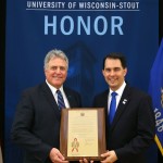 UW-Stout Chancellor Bob Meyer and Governor Scott Wlalker celebrate UW-Stout's 125th anniversary
