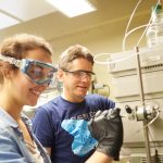 Robert McGaff, professor of Chemistry and Biochemistry, received the Innovator of the Year Award from WiSys Technology Foundation. Here he is pictured in the lab with Rachel Butler, one of his student research assistants.