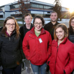 Future installation of 36 solar panels on the rooftop of a UW-Stout building began with approval of a Stout Student Association Sustainability Council recommendation. Shown in front of Merle M. Price Commons, where the panels will be installed, are: front row, left to right, council adviser Sarah Rykal, council members Laura Donovan and Kennedy Crever; back row, council members Ben Ritter, Jared Allen and Maggie Thesing.