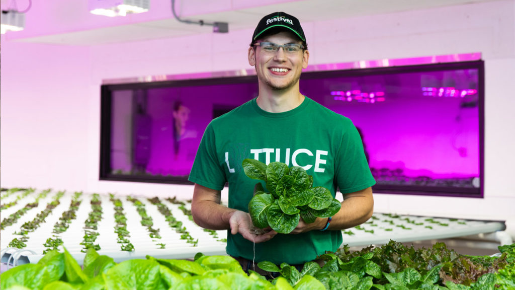 Photo of UW-Platteville student involved with starting a new hydroponics student-managed business