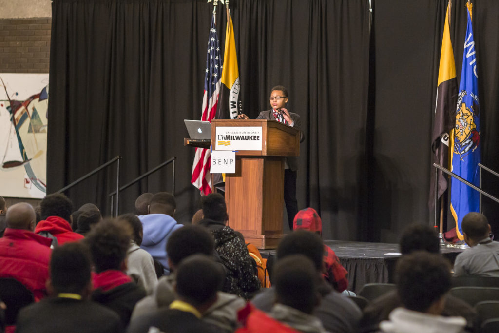 Photo of young speaker at UW-Milwaukee's Summit on Black Male Youth