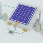 Schematic illustration of an integrated solar flow battery. A solar cell is hooked up to tanks of chemicals that can store electricity for later use. WENJIE LI