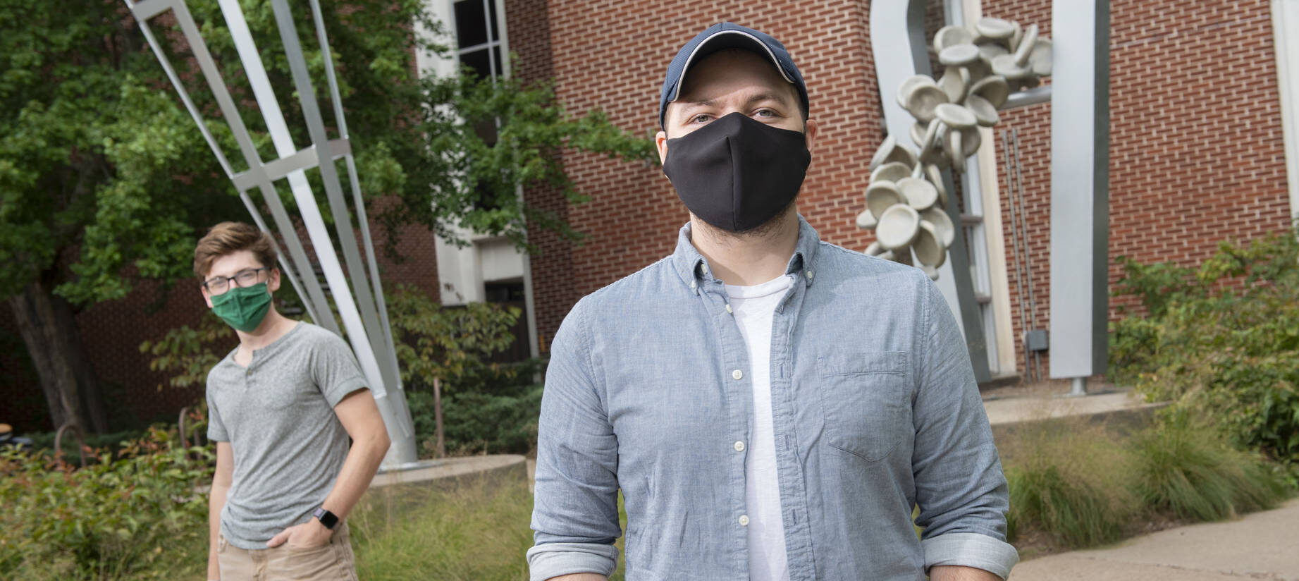 Photo of UW-Eau Claire student researchers Aaron Ellefson, right, and Cuyler Monahan, who are working to develop a clinical foam to protect cancer patients from radiation during treatment. 