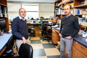 Photo of researchers David O’Connor, left, and Thomas Friedrich in a lab at UW–Madison on March 18, 2020. PHOTO: JEFF MILLER