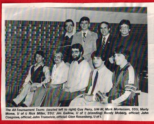 Photo of John Truesdale, back row, second from right, who was a force behind wheelchair athletics and the Center for Students with Disabilities in the 1970s. (Clipping courtesy of UW-Whitewater Wheelchair Athletics)