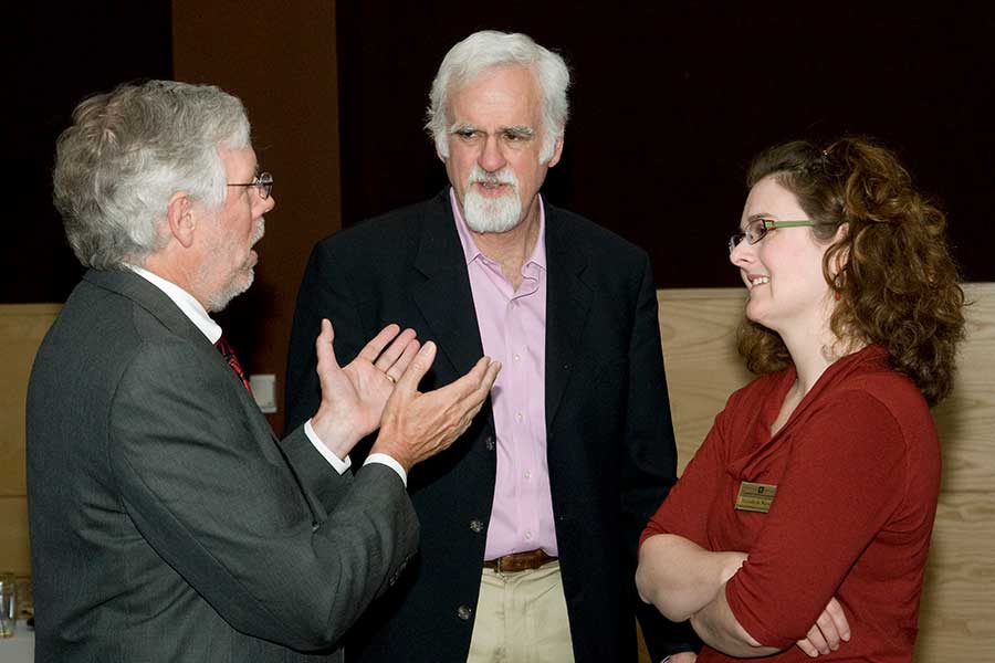 Photo of, from left, Dick Telfer, then chancellor, Jim Winship, a professor of social work, and Elizabeth Watson from the Center for Students with Disabilities on April 21, 2012.