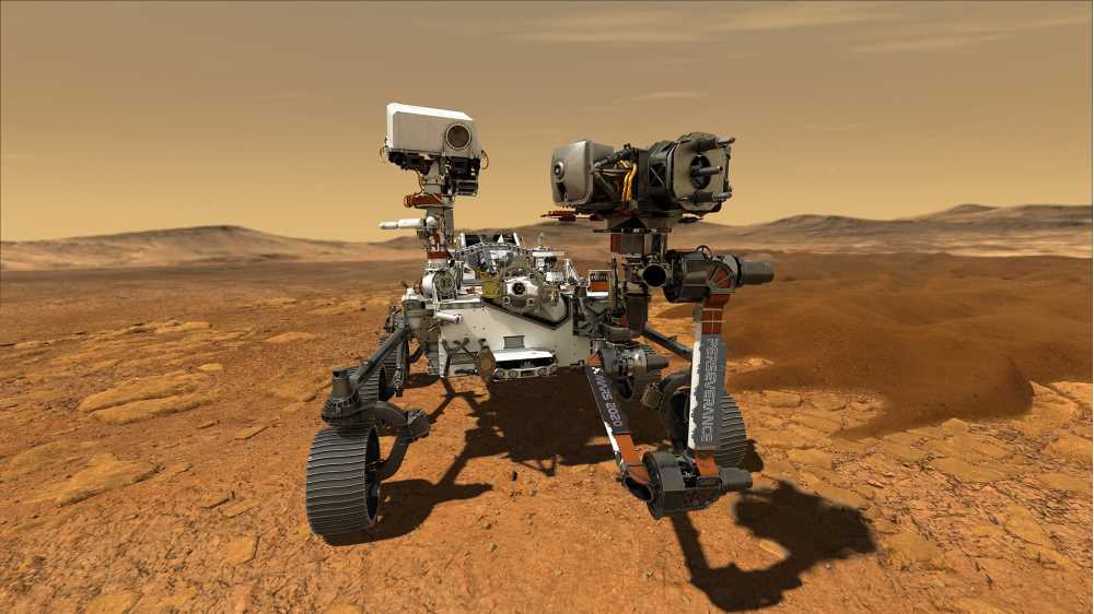 Photo of an illustration of the NASA Perseverance rover operating on the surface of Mars. CREDIT: NASA/JPL-Caltech