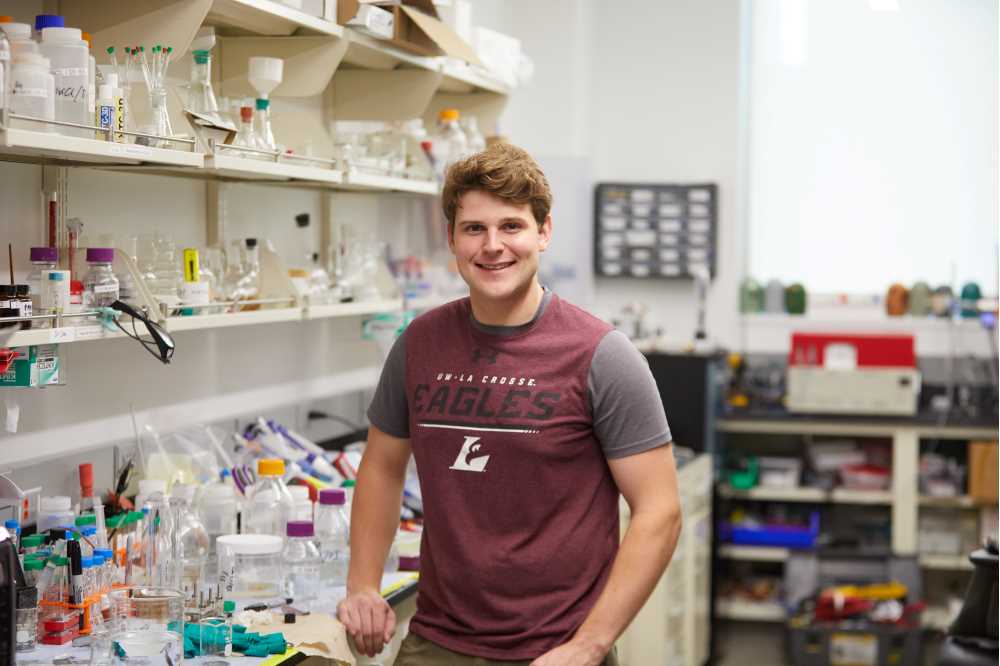 Photo of UW-La Crosse senior Jason Martin, who took first place in the second of three Student Research & Innovation Showcases at the WiSys SPARK Symposium on June 9, 2021. Martin's research explores how scientists can use electrochemistry to coat steel plates with zinc while controlling the properties of the zinc film (hardness and roughness, for example) by altering the electric source.