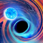 Photo of an artist's interpretation showing a merger of a black hole and neutron star. The neutron star is in blue, with the rainbow colors representing pieces of the neutron star being torn off by the black hole. In these discoveries, however, the black holes likely swallowed their neutron stars whole because no light was detected in either event. (Illustration by Carl Know, OzGrav, Swinburne University)