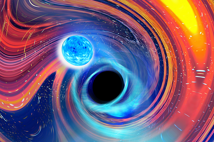 Photo of an artist's interpretation showing a merger of a black hole and neutron star. The neutron star is in blue, with the rainbow colors representing pieces of the neutron star being torn off by the black hole. In these discoveries, however, the black holes likely swallowed their neutron stars whole because no light was detected in either event. (Illustration by Carl Know, OzGrav, Swinburne University)