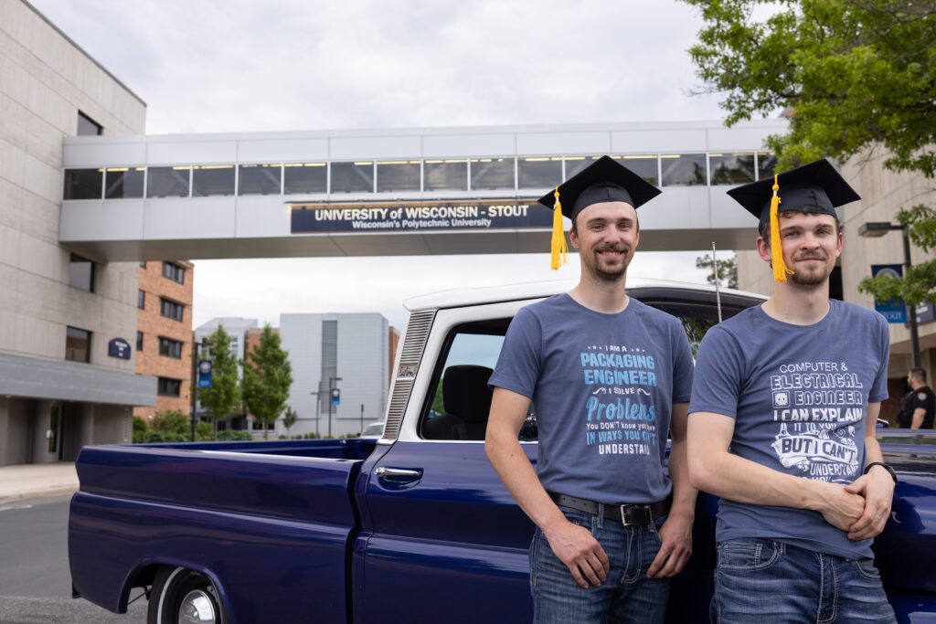 Photo of the Grulkowski brothers, first-generation UW-Stout graduates who are seeking to provide solutions in packaging and computer engineering at regional companies