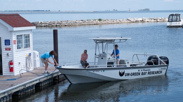 Photo of the RV Phoenix, UW-Green Bay’s research vessel, departing from South Bay Marina for a two-hour educational excursion into the Bay of Green Bay. The captain was faculty member and research scientist Christopher Houghton.