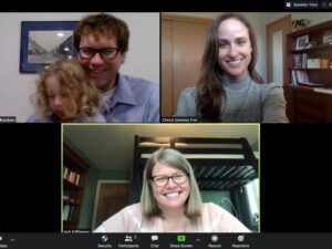 Photo of a Zoom call: The Wisconsin Historical Society is honoring an archive project coordinated by Greg Kocken (upper left), Dr. Cheryl Jiménez Frei (upper right) and Jodi Kiffmeyer (bottom), an initiative that is capturing and preserving COVID-19 stories and artifacts.