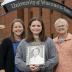 Photo of new UW-Eau Claire freshman Lucy Franklin (center), who is the fourth generation of Blugolds in her family. Her mother, Beth Franklin, (left) and grandmother, Christy Linderholm, (right) both are UW-Eau Claire graduates. Lucy is holding a photo of her great-grandmother, Ruby (Johnson) Hanson, who earned her nursing degree from the precursor to UW-Eau Claire’s nursing program, so also is considered a Blugold.