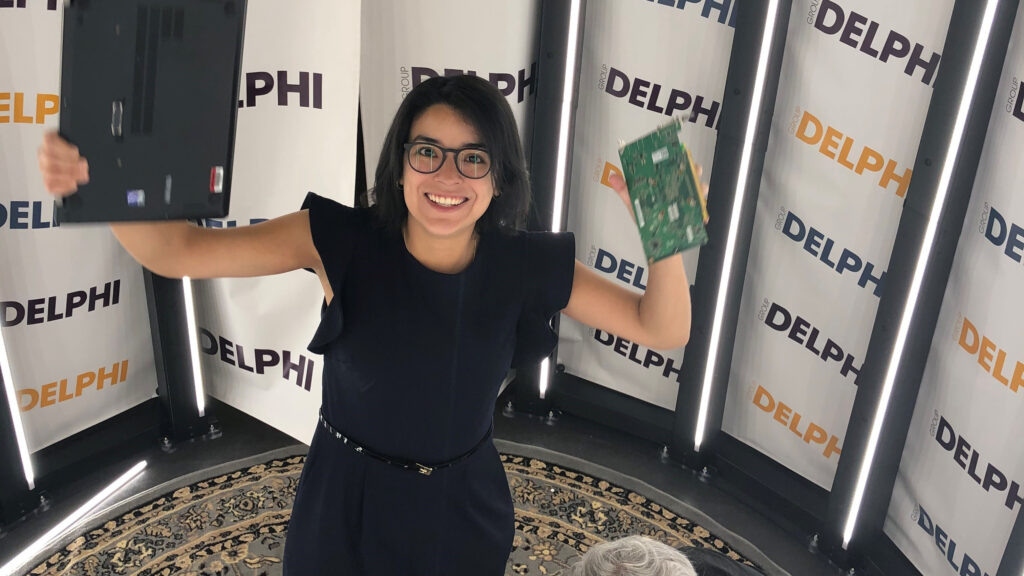 Photo of Beatris Mendez Gandica posing for her 3D statue image with the tools of her trade at Microsoft. Mendez Gandica is honored to have been selected as a STEM ambassador in the "IF/THEN" campaign.