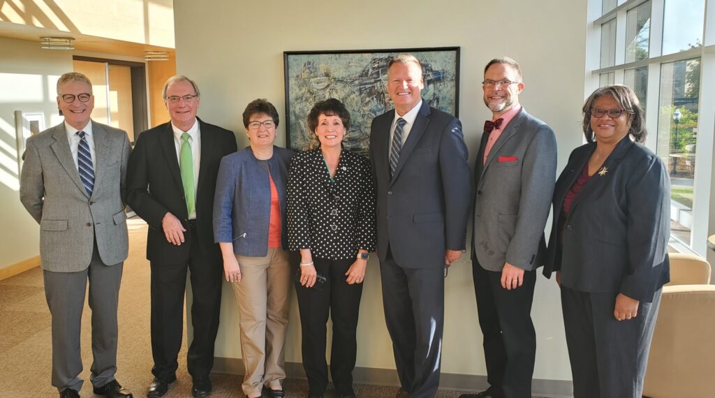 Photo of UW-Parkside and Gateway Technical College Leadership: (l-r) Robert Ducoffe, provost and vice chancellor; Gary Wood, vice provost for academic affairs; Tammy McGuckin, vice provost of student affairs and enrollment services; Debbie Ford, chancellor; Bryan Albrecht, president and CEO; John Thibodeau, assistant provost/vice president; Zina Haywood, executive vice president/provost.