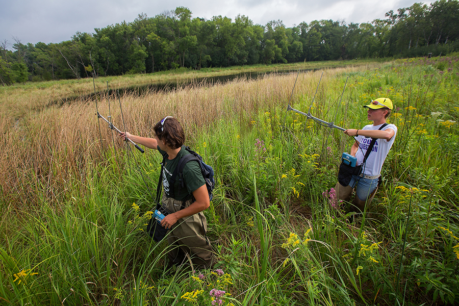 Photo of UW-Whitewater students Nick Rudolph, left, and Lisa Mitchem searching for radio signals from headstarted Blanding's turtles fitted with transmitters in 2014. The two are co-authors with Professor Joshua Kapfer and others on a peer-reviewed research paper in the Journal of Herpetology. Since graduating, Rudolph has worked for the DNR and in consulting; Mitchem recently completed her doctorate. (UW-Whitewater Photo/Craig Schreiner)