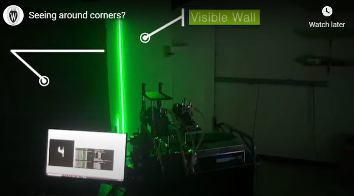 Screenshot of video: As Ji Hyun Nam slowly tosses a stuffed cat toy into the air, a real-time video captures the playful scene — from around a corner. With further refinements, the technology could find uses in search-and-rescue, defense and medical imaging. (Caution: Video contains flashing lights, which may be a problem for some people, including those with photosensitive epilepsy or a history of migraines and headaches.)