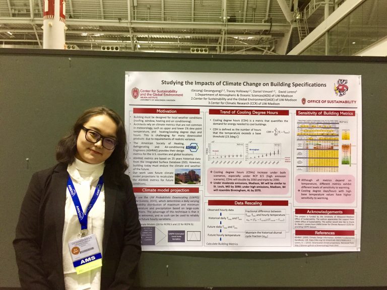 Photo of Gesang, who presented her research at the 100th American Meteorological Society annual meeting, in Boston, January 2020. Her poster was also named outstanding student poster at the conference.