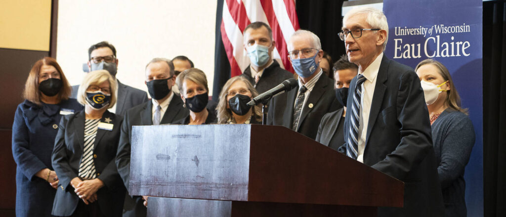 Photo of Wisconsin Governor Tony Evers' press conference announcing UW-Eau Claire’s $9.4 million Workforce Innovation Grant