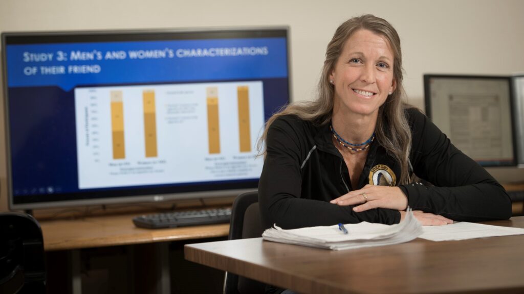 Photo of Dr. April Bleske-Rechek, who conducted a study with her student research team looking at whether the often talked about disparity in how women and men divide child care and home care tasks is influenced by their own preferences, rather than by entrenched expectations around gender roles. Their findings have recently been highlighted in professional journals.