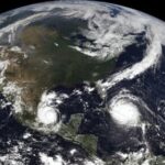 Photo of three concurrent Atlantic hurricanes captured by geostationary weather satellite GOES-East on Sept. 8, 2017. Hurricanes Katia, Irma and Jose were among several destructive storms that year which devastated parts of the Caribbean, Gulf of Mexico and the US. The Advanced Dvorak Technique, developed by CIMSS researchers, allows forecasters to rapidly determine tropical cyclone intensity, giving advanced warnings of storm potential and aiding emergency planning. IMAGE COURTESY RICK KOHRS