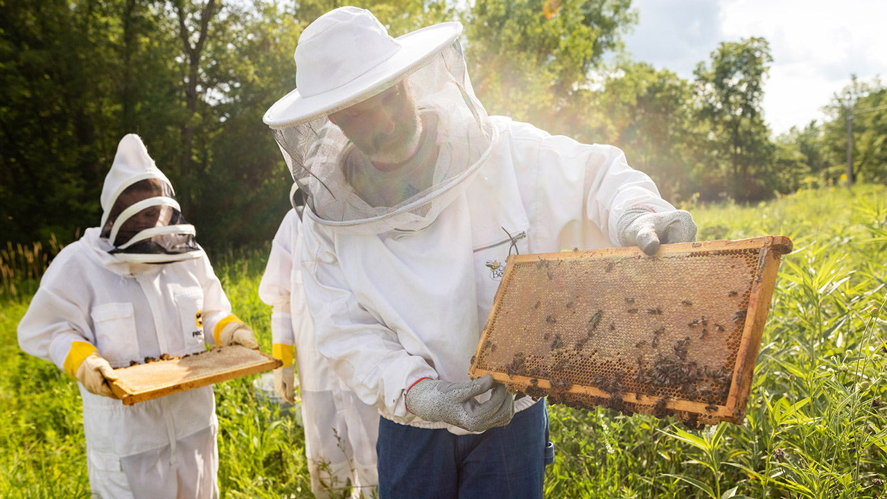 Photo of UW-Platteville Bee Squad holding honey comb