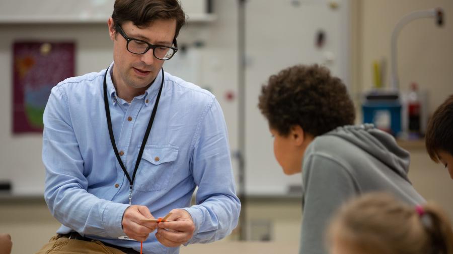 Photo of Jonny Wheeler, left, who has a degree in art education, one of seven undergraduate art programs in UW-Stout’s School of Education. He also has a master’s in design from UW-Stout. / UW-Stout