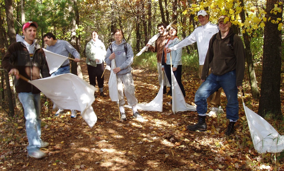 Photo of UWSP biology professor and researcher Diane Caporale collecting ticks with students in her molecular biology course