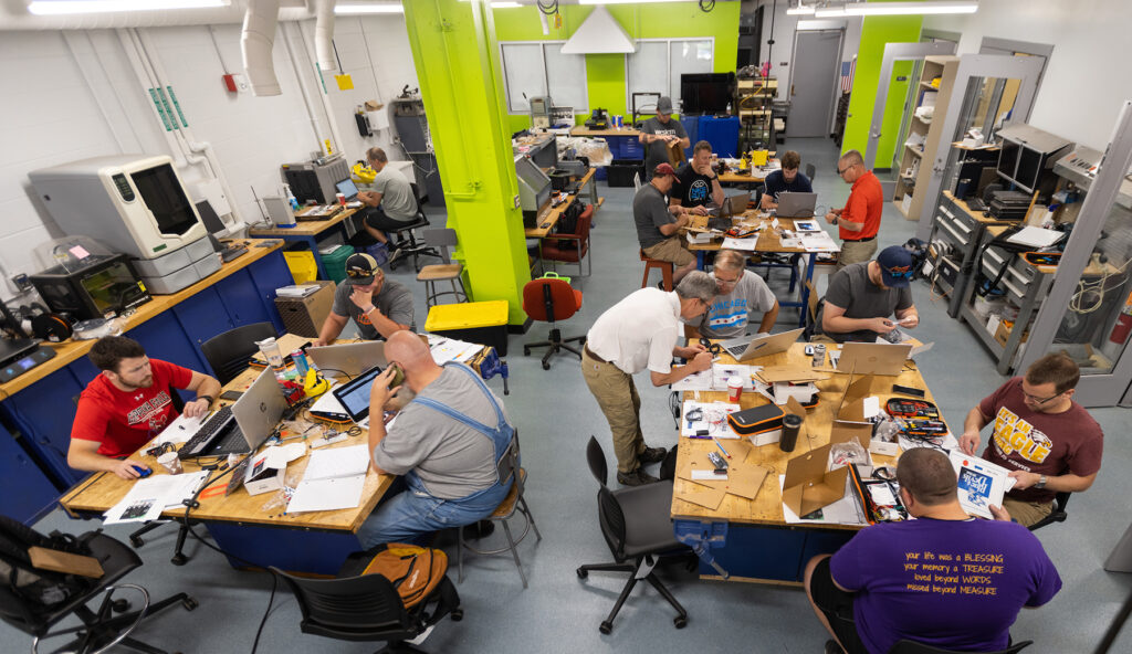 Photo of Wisconsin teachers attending the WiFab West workshop in 2021 at UW-Stout’s Discovery Center Fab Lab. / UW-Stout